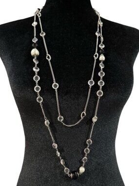 Ann Taylor Necklace Double Strand Silver Tone Black Beaded Toggle Closure